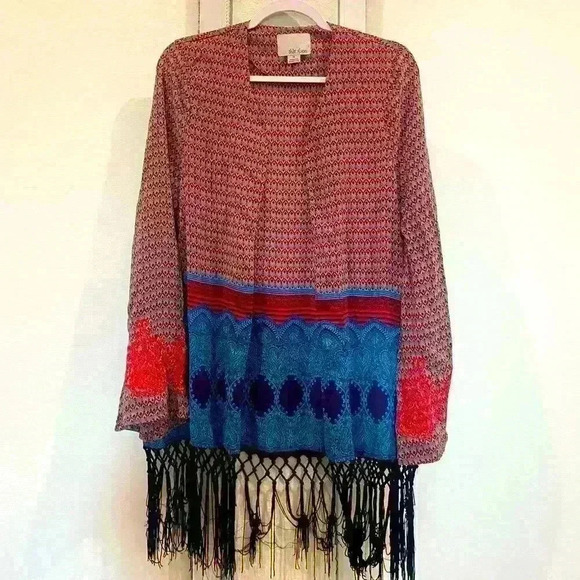 ANTHROPOLOGIE 100% Silk Kimono Colorful Boho Chic Lightweight Cover up Sz M - Picture 1 of 5